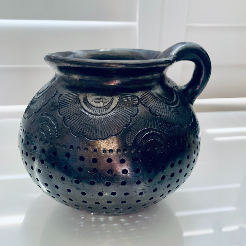 Vintage Mexican Black Clay Hand-Etched Colander Bowl